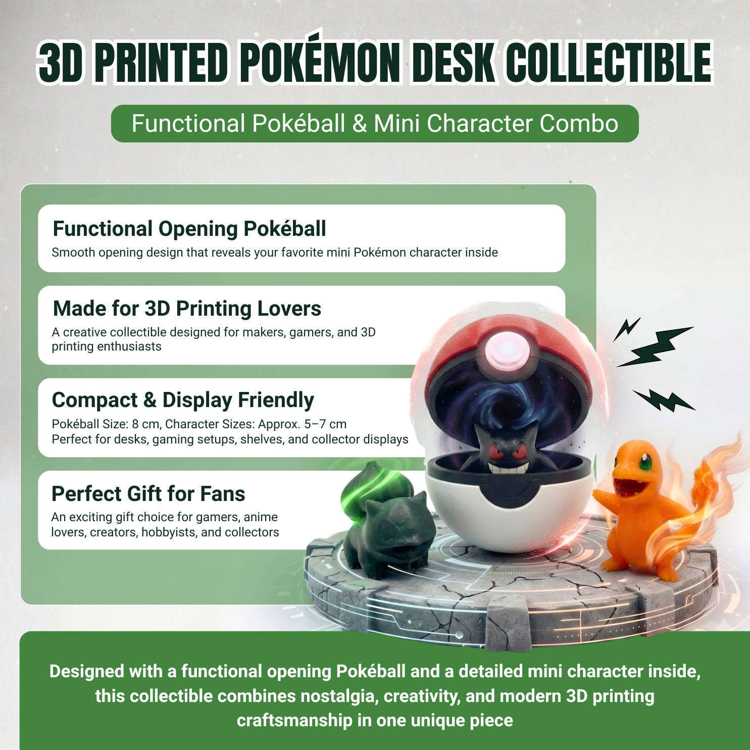 3D Printed Functional Pokéball with 1 Pokémon Figure and Stand | Opening Storage Pokéball Collectible | Anime Desk Toy for Pokémon Fans & 3D Printing Lovers - Image 6